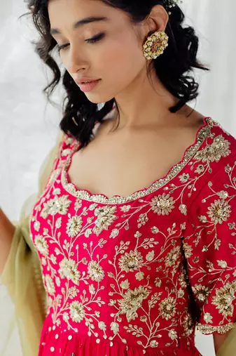 Hot Pink Silk Embroidered Anarkali Set