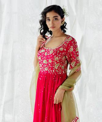 Hot Pink Silk Embroidered Anarkali Set 6