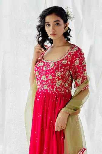 Hot Pink Silk Embroidered Anarkali Set