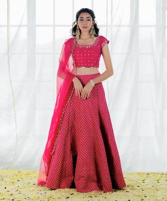 Hot Pink Silk Printed & Embroidered Lehenga Set 1