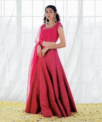 Hot Pink Silk Printed & Embroidered Lehenga Set 2