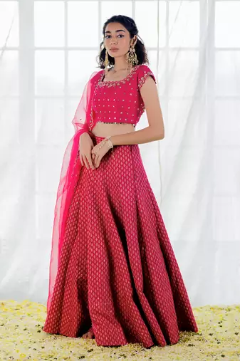 Hot Pink Silk Printed & Embroidered Lehenga Set