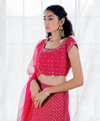 Hot Pink Silk Printed & Embroidered Lehenga Set 3