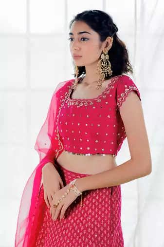 Hot Pink Silk Printed & Embroidered Lehenga Set