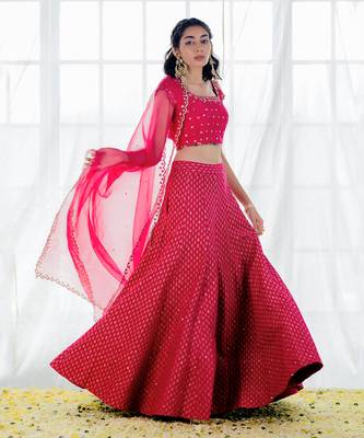 Hot Pink Silk Printed & Embroidered Lehenga Set 4