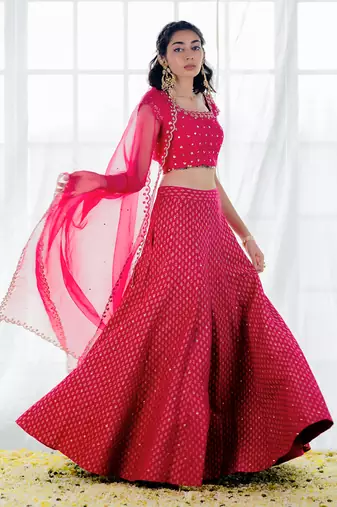 Hot Pink Silk Printed & Embroidered Lehenga Set