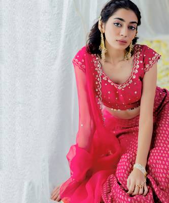Hot Pink Silk Printed & Embroidered Lehenga Set 5