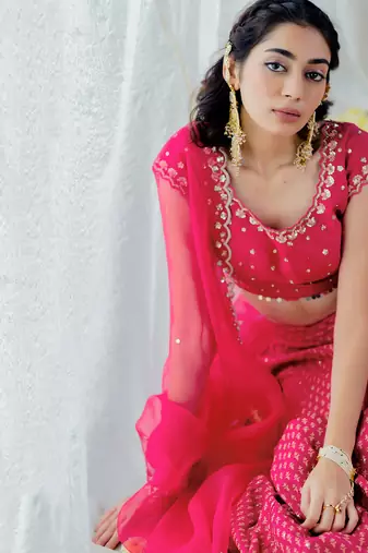 Hot Pink Silk Printed & Embroidered Lehenga Set