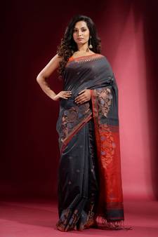 Dark Grey Blended Cotton Handwoven Saree With Woven Zari Designs And Contrast Pallu