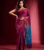 Magenta Blended Cotton Handwoven Saree With Woven Zari Designs And Contrast Pallu