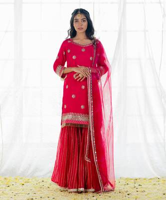 Hot Pink Georgette Embroidered Gharara Set 1