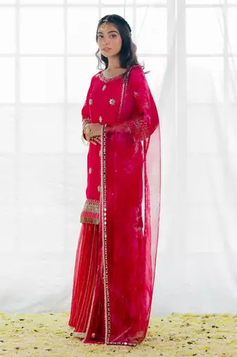 Hot Pink Georgette Embroidered Gharara Set