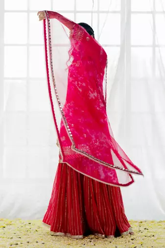 Hot Pink Georgette Embroidered Gharara Set