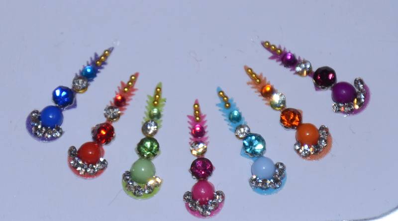 7 long bindi blue ,orange,lemon green,baby pink,skyblue,orange,purple