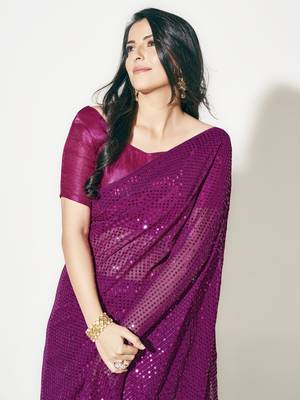 Hot Pink Fully Sequined Georgette Party Wear Saree 1