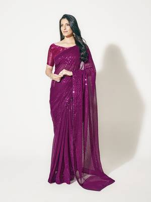 Hot Pink Fully Sequined Georgette Party Wear Saree 2