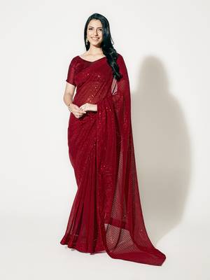 Light Red Fully Sequined Georgette Party Wear Saree 1