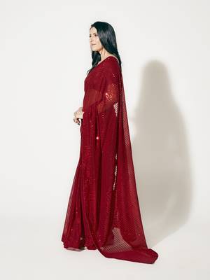Light Red Fully Sequined Georgette Party Wear Saree 2