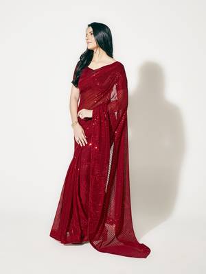 Light Red Fully Sequined Georgette Party Wear Saree 3