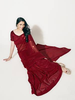 Light Red Fully Sequined Georgette Party Wear Saree 4