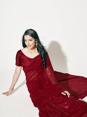 Light Red Fully Sequined Georgette Party Wear Saree 5