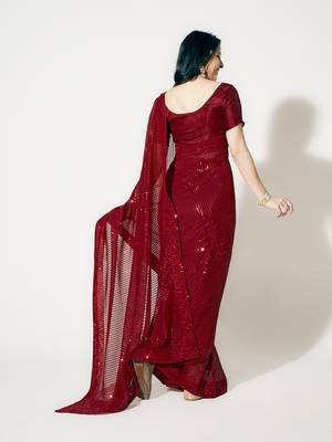 Light Red Fully Sequined Georgette Party Wear Saree 6