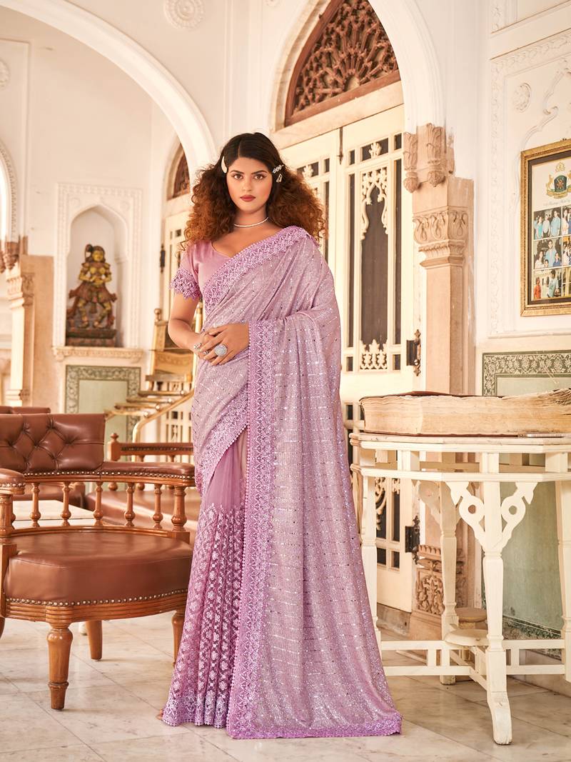 Purple Floral Embroidered Net Saree