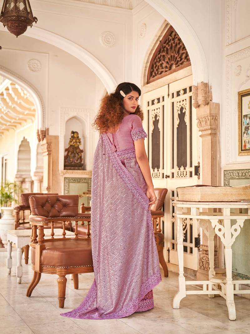 Purple Floral Embroidered Net Saree