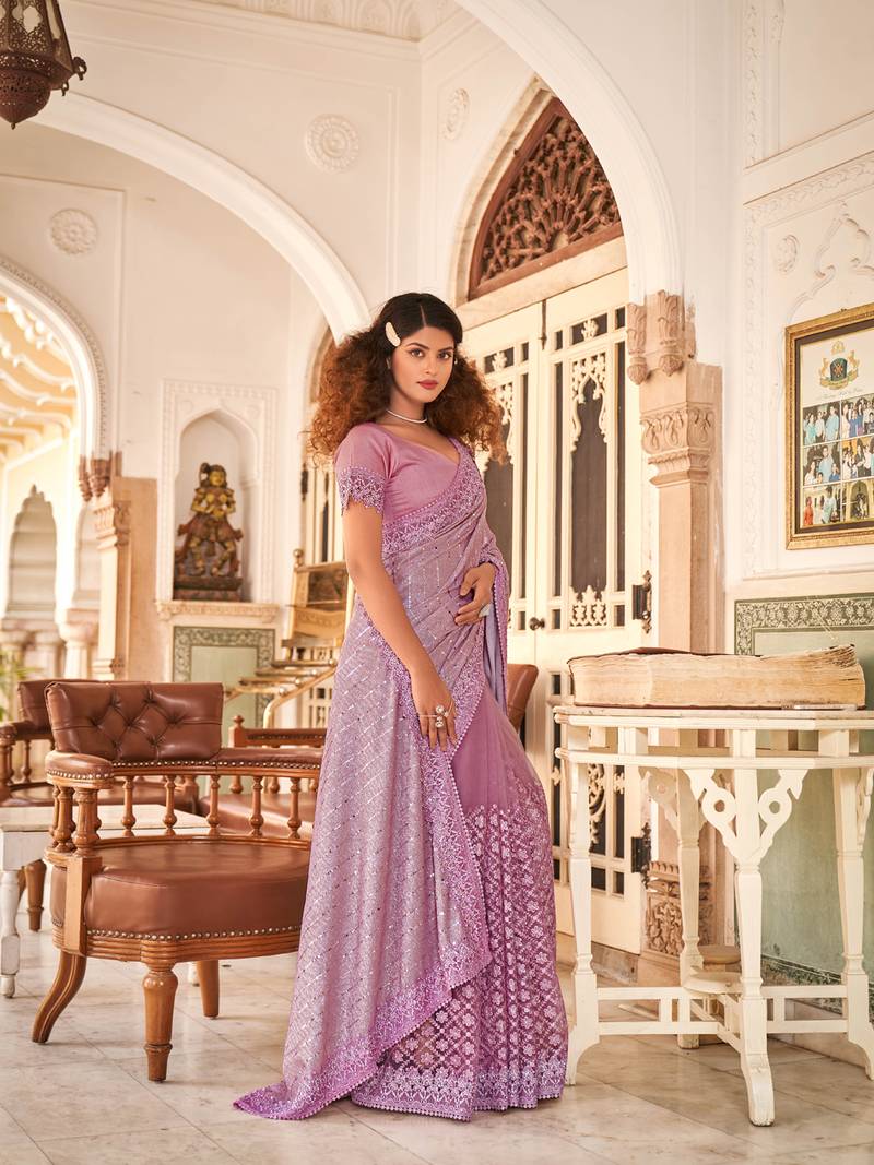 Purple Floral Embroidered Net Saree