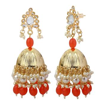 Mahi Gold Plated Orange and White Artificial Pearls Traditional Indian Jhumka Earring for Women (ER1109815GOrg) 1