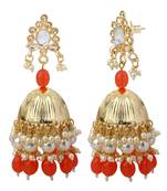 Mahi Gold Plated Orange and White Artificial Pearls Traditional Indian Jhumka Earring for Women (ER1109815GOrg)