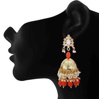 Mahi Gold Plated Orange and White Artificial Pearls Traditional Indian Jhumka Earring for Women (ER1109815GOrg) 2