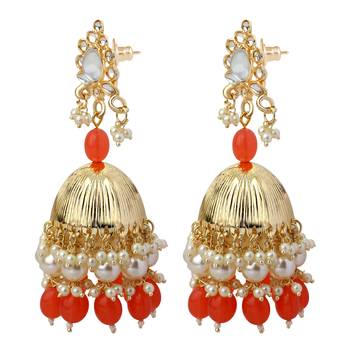 Mahi Gold Plated Orange and White Artificial Pearls Traditional Indian Jhumka Earring for Women (ER1109815GOrg) 3