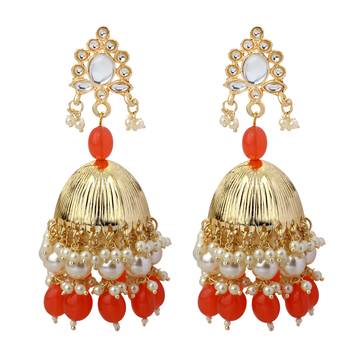 Mahi Gold Plated Orange and White Artificial Pearls Traditional Indian Jhumka Earring for Women (ER1109815GOrg) 4
