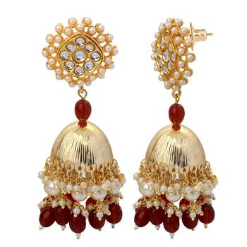 Mahi Gold Plated Maroon and White Artificial Pearls Indian Traditional Ethnic Jhumka Earring for Women (ER1109817GMar) 1