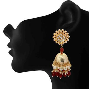 Mahi Gold Plated Maroon and White Artificial Pearls Indian Traditional Ethnic Jhumka Earring for Women (ER1109817GMar) 2