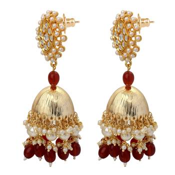 Mahi Gold Plated Maroon and White Artificial Pearls Indian Traditional Ethnic Jhumka Earring for Women (ER1109817GMar) 3