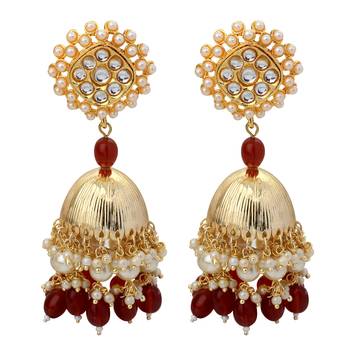 Mahi Gold Plated Maroon and White Artificial Pearls Indian Traditional Ethnic Jhumka Earring for Women (ER1109817GMar) 4