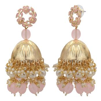 Mahi Beautifully Light Pink Enamelled Pearl Drop Ethnic Floral Jhumka Earring for Women (ER1109821GLPin) 1