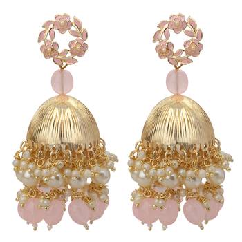 Mahi Beautifully Light Pink Enamelled Pearl Drop Ethnic Floral Jhumka Earring for Women (ER1109821GLPin) 4