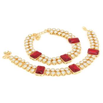 Traditional Bridal Anklets Payal Embellished with Green Stones & Faux Kundans for Women/Girls  2