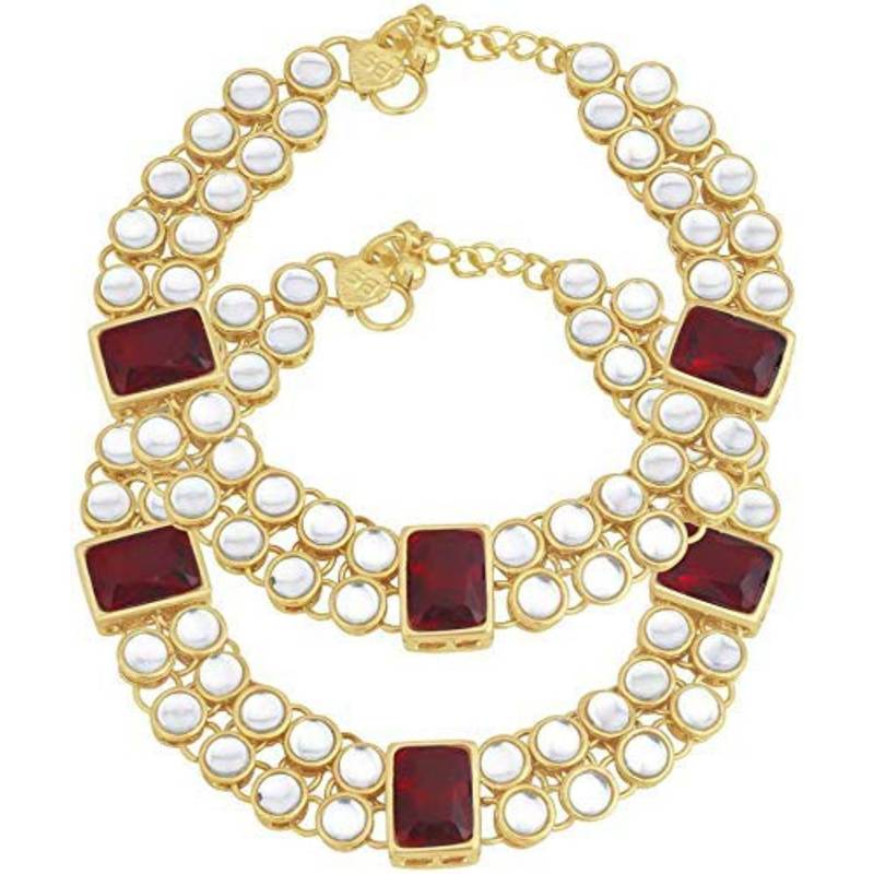 Traditional Bridal Anklets Payal Embellished with Green Stones & Faux Kundans for Women/Girls 