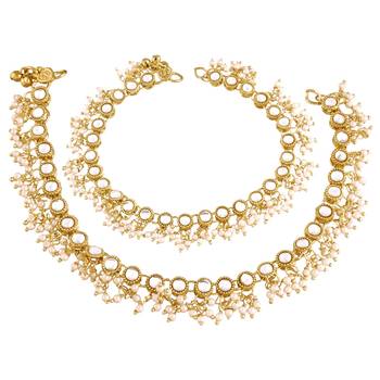 Traditional Encased With Faux Kundan & Pearls Adjustable Pair Of Bridal White Anklets Payal For Women/Girls  1