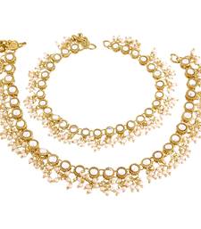 Traditional Encased With Faux Kundan & Pearls Adjustable Pair Of Bridal White Anklets Payal For Women/Girls 