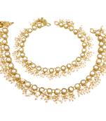 Traditional Encased With Faux Kundan & Pearls Adjustable Pair Of Bridal White Anklets Payal For Women/Girls 
