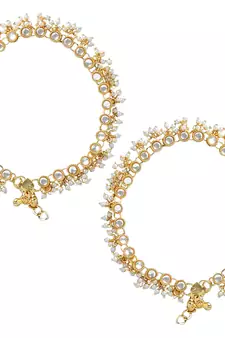 Traditional Encased With Faux Kundan & Pearls Adjustable Pair Of Bridal White Anklets Payal For Women/Girls 