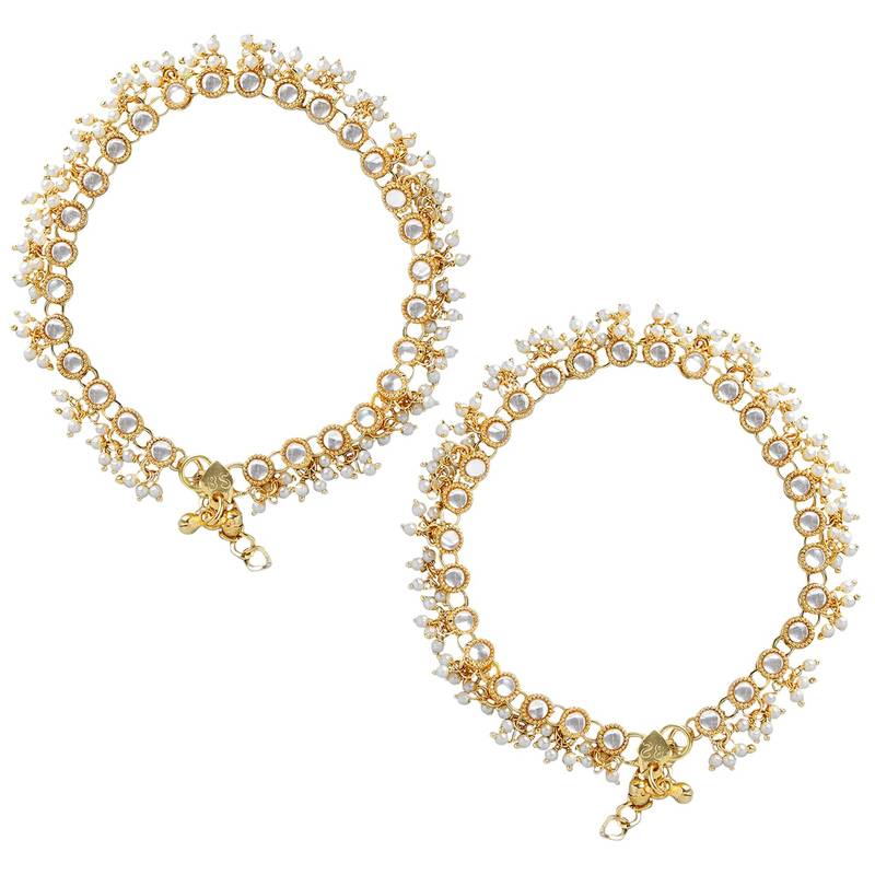 Traditional Encased With Faux Kundan & Pearls Adjustable Pair Of Bridal White Anklets Payal For Women/Girls 