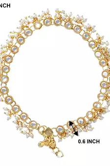 Traditional Encased With Faux Kundan & Pearls Adjustable Pair Of Bridal White Anklets Payal For Women/Girls 