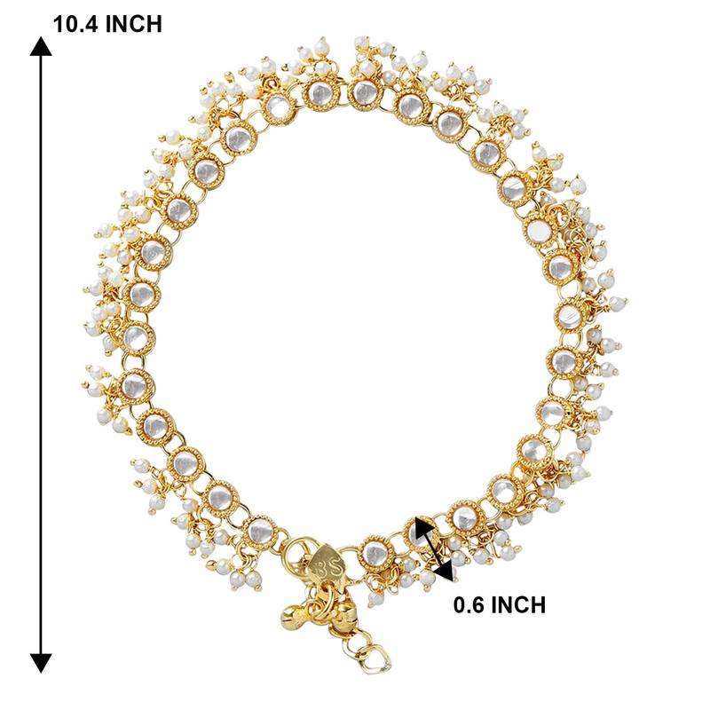 Traditional Encased With Faux Kundan & Pearls Adjustable Pair Of Bridal White Anklets Payal For Women/Girls 
