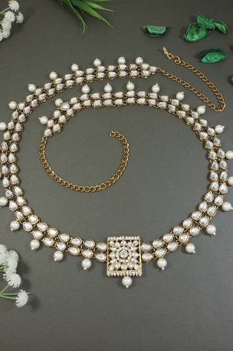 Traditional Kundan & Pearl Studded Adjustable Kamarband/Belly Chain For Women/Girls 